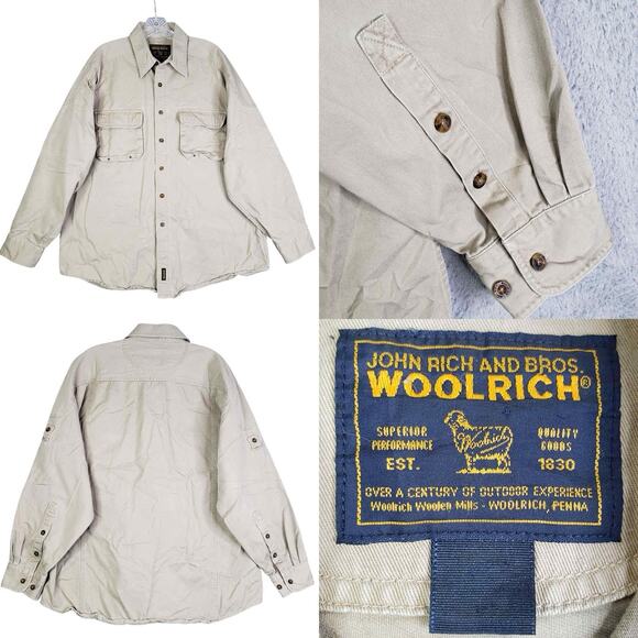 Woolrich Shirt Cotton Canvas Pocket Mens Size Large L Khaki LS Button Down - Picture 1 of 12
